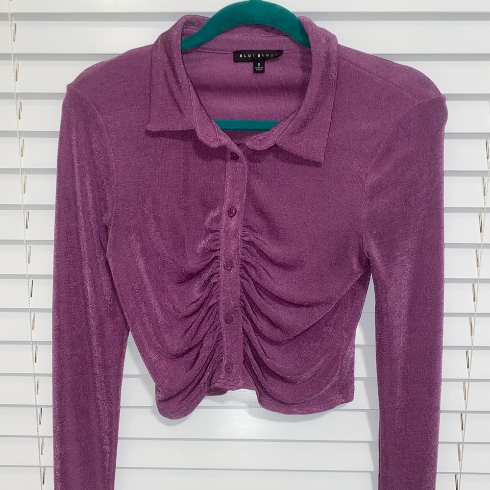Blue Blush purple scrunched front top from Blue Blush. Shiny material.
